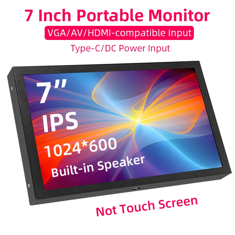 7-дюймовый портативный монитор 1024x600 IPS LCD HDMI-совместимый VGA AV вход DC Тип C Экран питания для ПК, ноутбука, камеры, ТВ-приставки, DVD