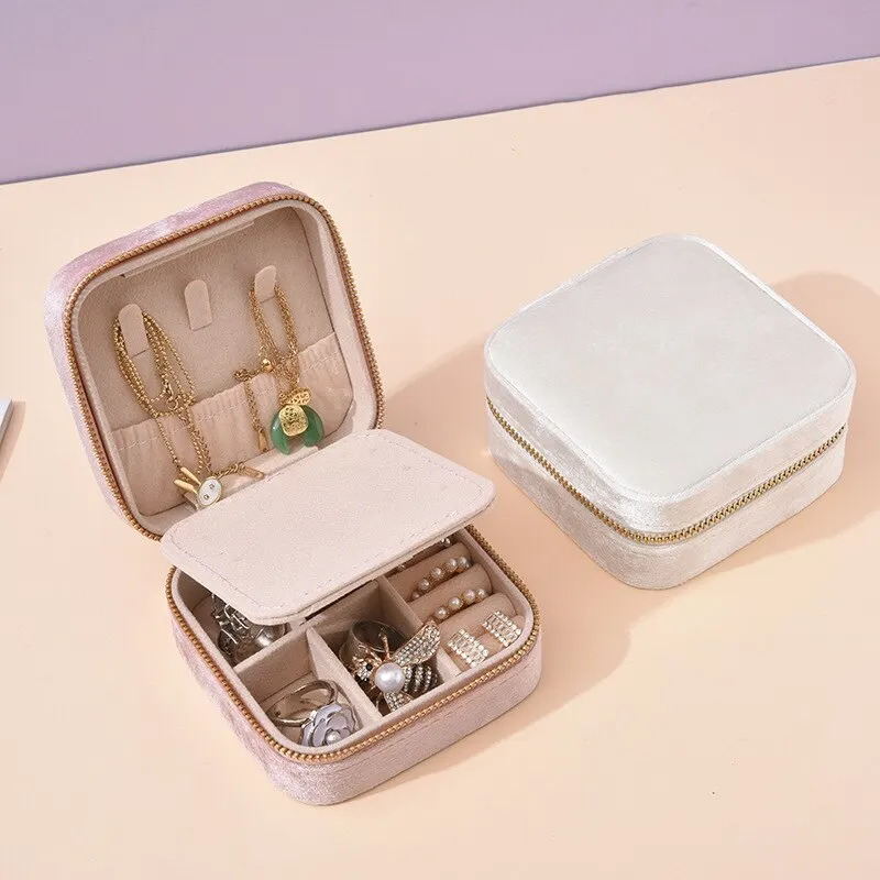 Portable Jewelry Storage Box with Mirror Zipper Square Boxes Earrings Necklace Ring Jewelry Organizer Display for Travel