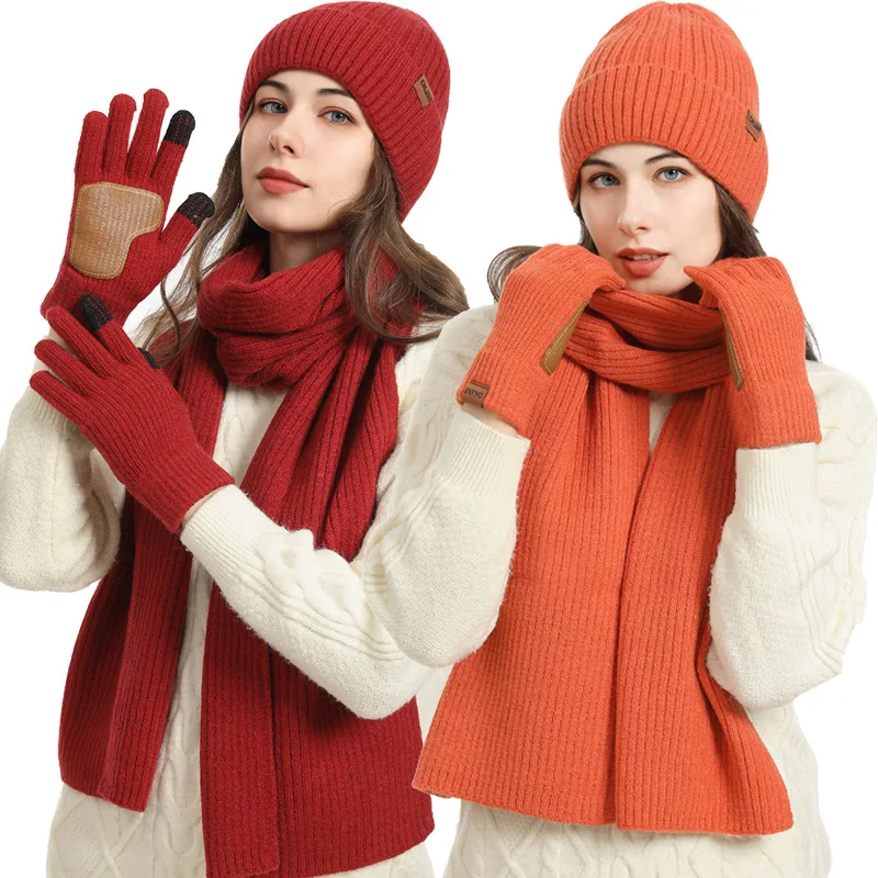 3 unids/set de gorro de invierno para mujer, conjunto de guantes y bufanda larga, tejido cálido para deportes exteriores de invierno, esquí, correr