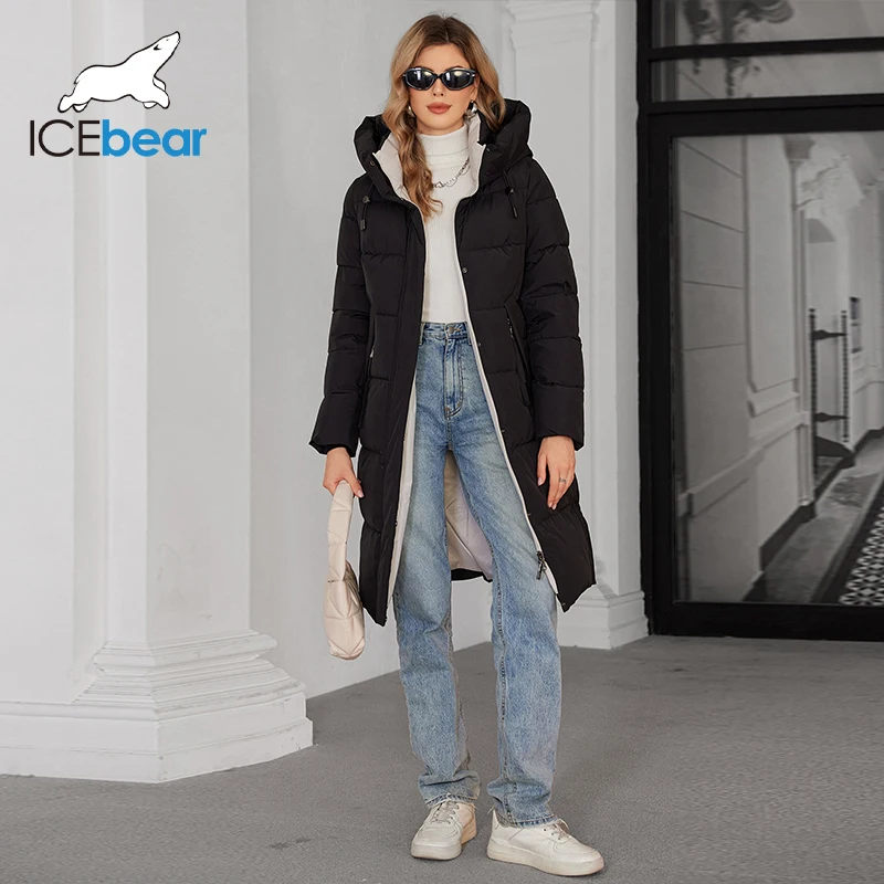Icebear 2024เสื้อโค้ทผู้หญิงมีซิปยาวหนามีกระเป๋าด้านข้างมีกระเป๋า GWD4762I แฟชั่น