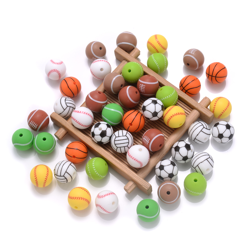 10 Uds. De cuentas de silicona impresas de 15mm, redondas, béisbol, tenis, baloncesto, cuentas de mordedor de calidad alimentaria para DIY, Clip de cadena para chupete de bebé