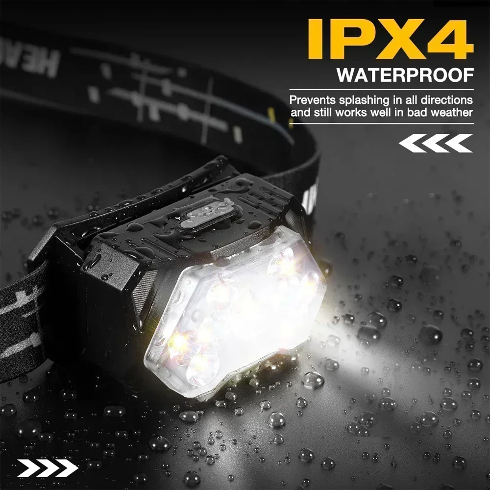 Poderoso sensor de led farol recarregável usb led cabeça tocha acampamento busca luz com bateria embutida lanterna de pesca