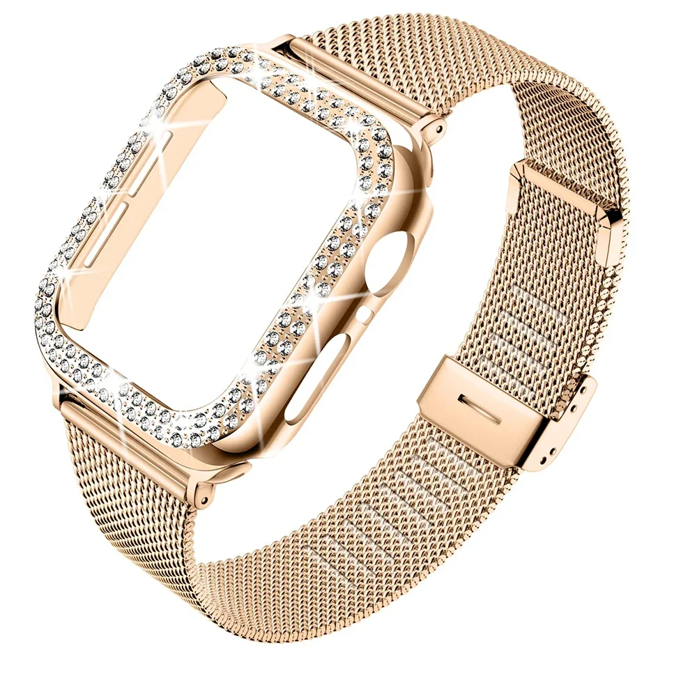 Kim Cương + Dây Đeo Kim Loại Cho IWatch Band 38Mm 42Mm Thép Không Gỉ Vòng Tay Dành Cho Đồng Hồ Apple 8 7 45Mm 44Mm 40Mm 41Mm Series 6 5 3