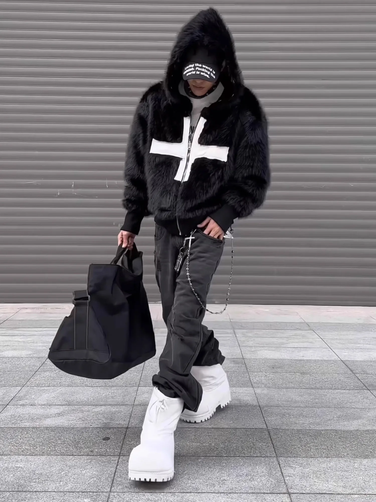 Mauroicardi Winter Short Cool Warm Soft Hairy Faux Fur Coat Men with Hood Rivet Luxury Designer Punk Style Clothes Fluffy Jacket