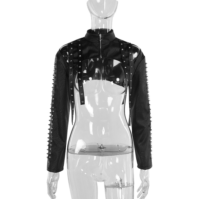 Tops góticos de piel sintética oscura para mujer, Tops cortos de manga larga, abrigos Grunge con remaches y cremallera, ropa de calle elegante, chaquetas, bata gótica para centro comercial