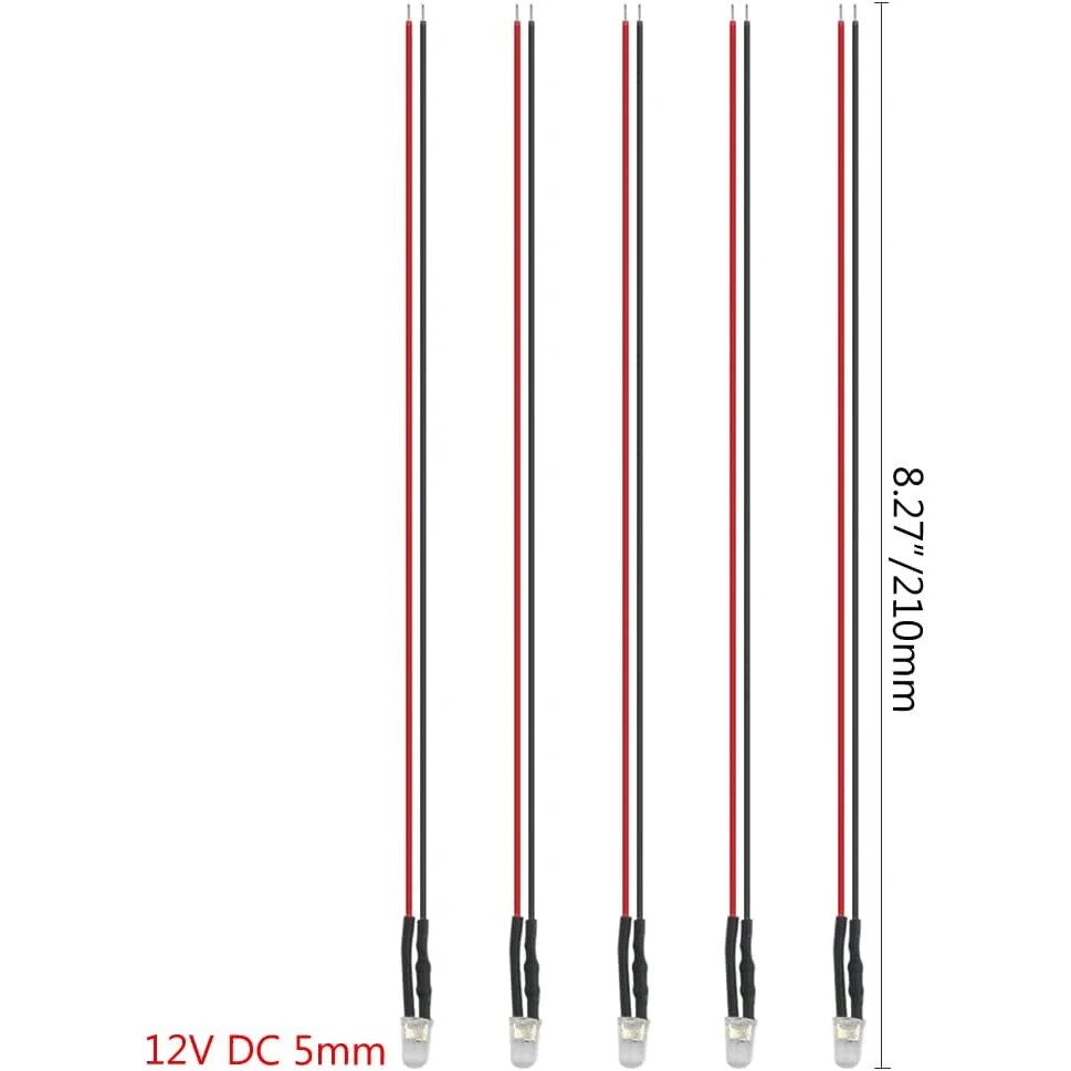 50pcs 12V 5 มม.ไฟ LED ไดโอด 7.9 นิ้ว Pre Wired 5 สี X 10pcs ชุดสารพันสีขาวสีแดงสีเขียวสีฟ้าสีเหลือง warm-White Emitting