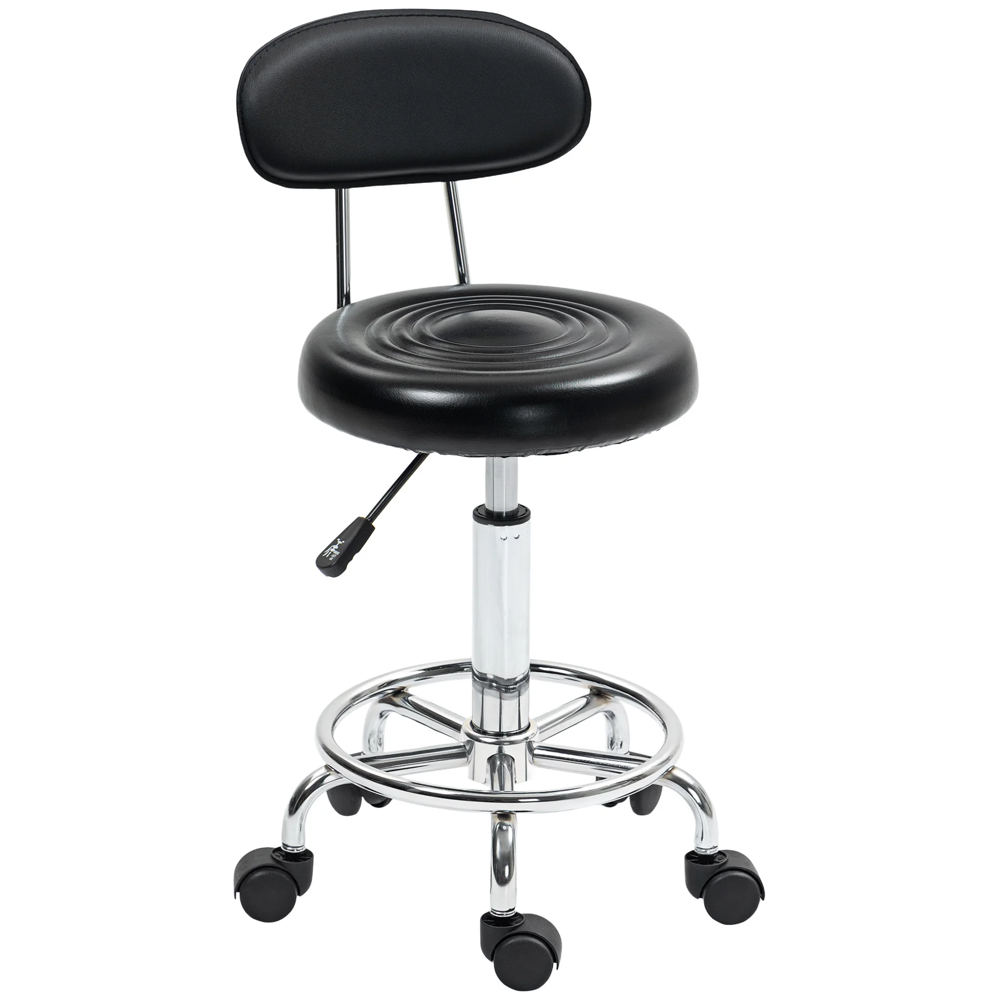 Sgabello con ruote e schienale regolabile in altezza 70-86 cm Nero