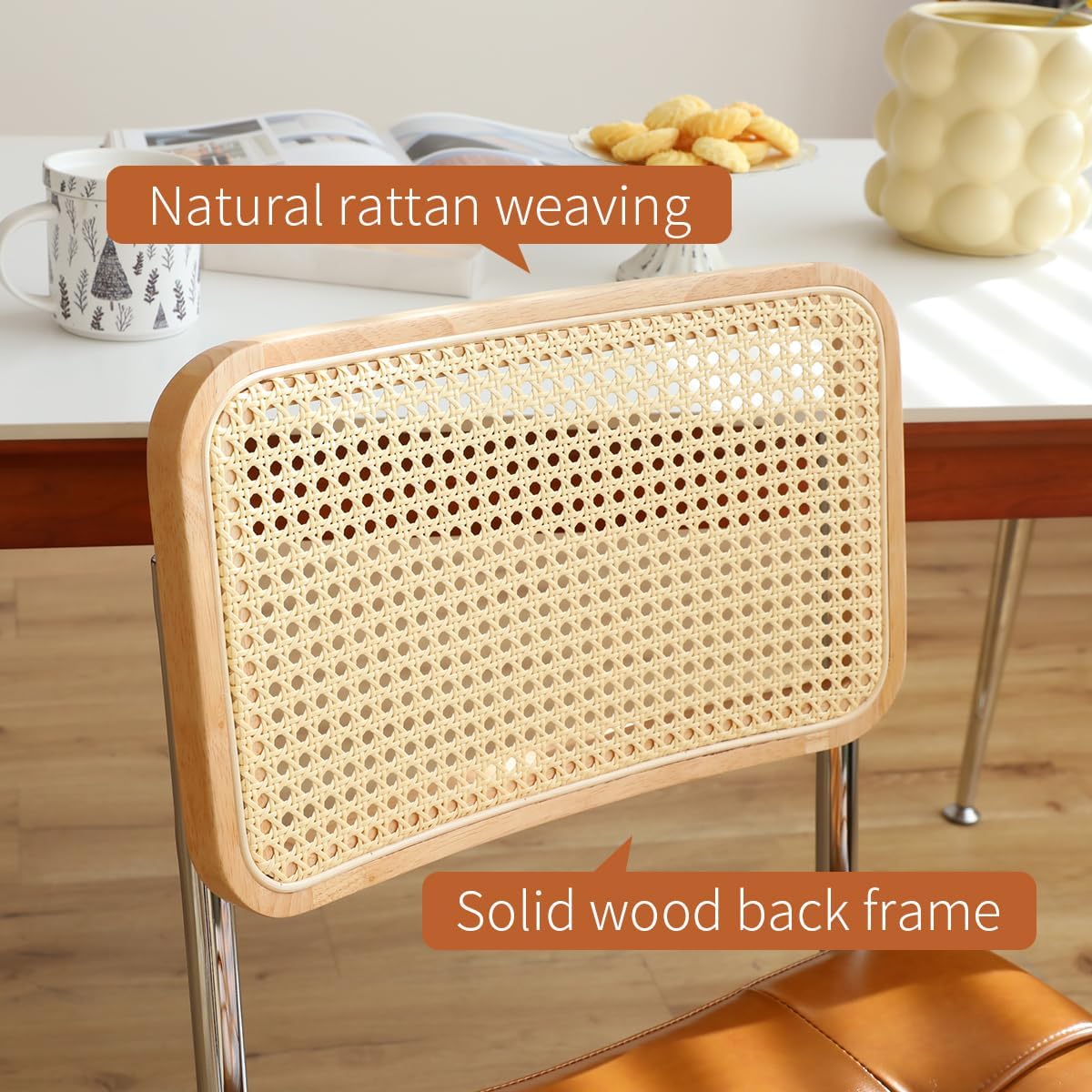 Faux Leather Rattan Side Accent Chairs with Chrome Legs,Modern Mid Century Designed Chairs for Dining,Living Room,Kitchen Chairs