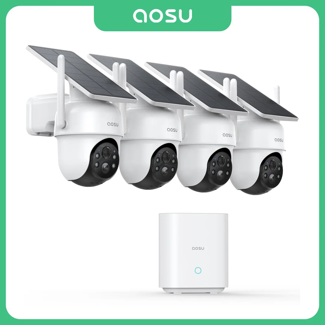 AOSU 3MP Solarbatterie-Kamerasystem 4 Cams Kit Wireless 360 °   Das PTZ-Überwachungs-WLAN-Kameraset enthält Home Base Support Alex