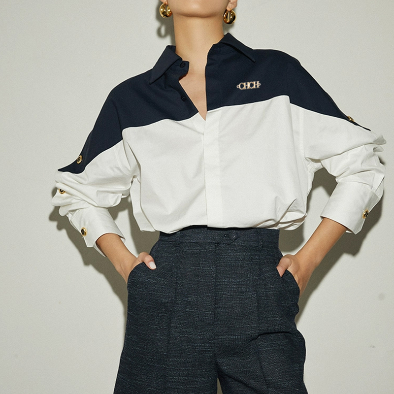 Camisas de mujer 2025, blusas de diseño de marca con botones y contraste de retazos para mujer, camisas de manga larga a la moda con temperamento, Tops para mujer