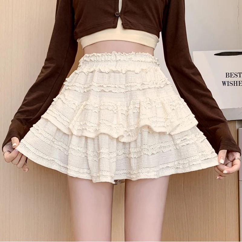 Gidyq süße süße Spitze Minirock Frauen Kawaii weiße Rüschen Falten röcke Sommer koreanische hohe Taille schwarz lässig eine Linie Rock