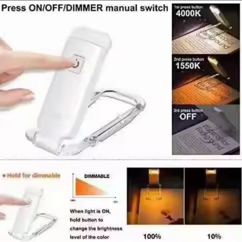 Tragbare wiederaufladbare Buchlampe, 3 Helligkeitsstufen, flexible Clip-on-Buchlichter, LED-Schreibtisch-Leselampe für Kinder, Lesezeichenlampe