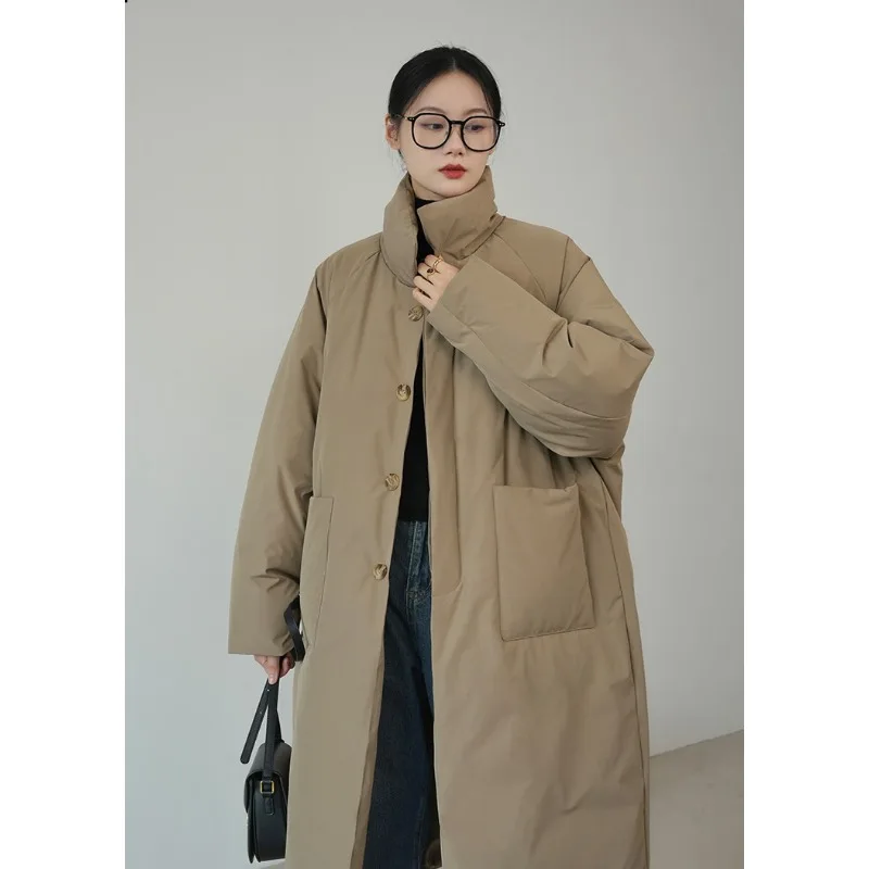 Jaqueta acolchoada de peito único feminina, Parkas longas, casacos à prova de vento, quente, grossa, acolchoada de algodão, casaco frio, roupa de inverno