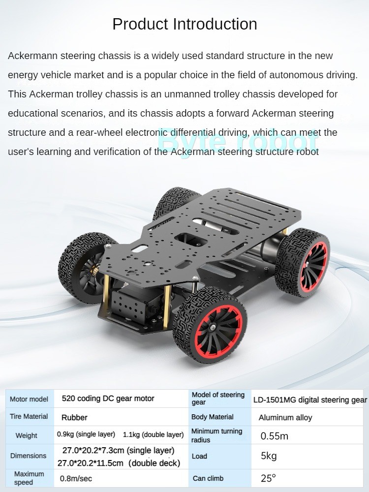 Robô montado de metal com motor duplo codificador, chassi do carro RC, roda dianteira, servo direção ROS, programável, carga 5kg