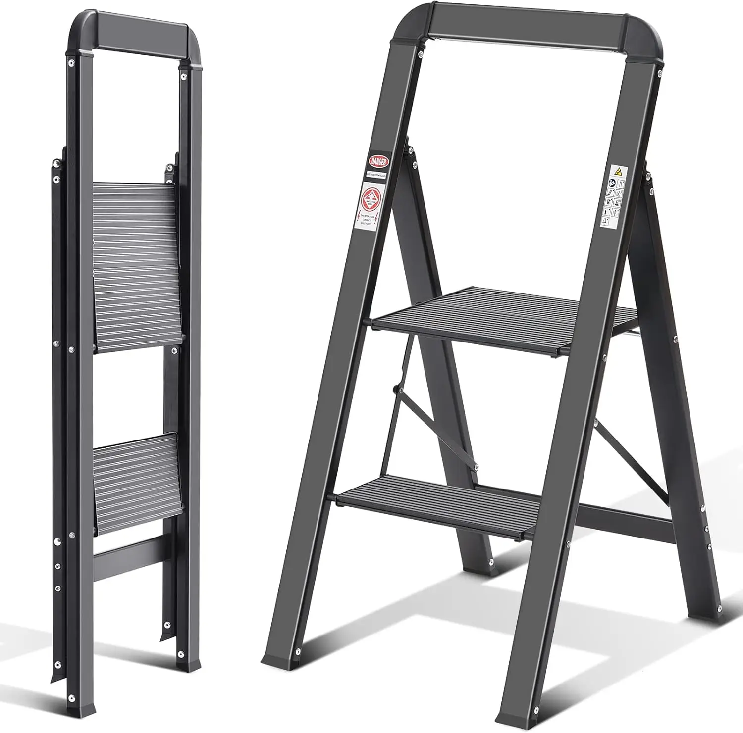 KINGRACK Escabeau, 2 marches, escabeau Pliant avec Main Courante, escabeau de Maison antidérapant avec sécurité Pliante, escabeau en Aluminium, Charge maximale 150 kg, Noir