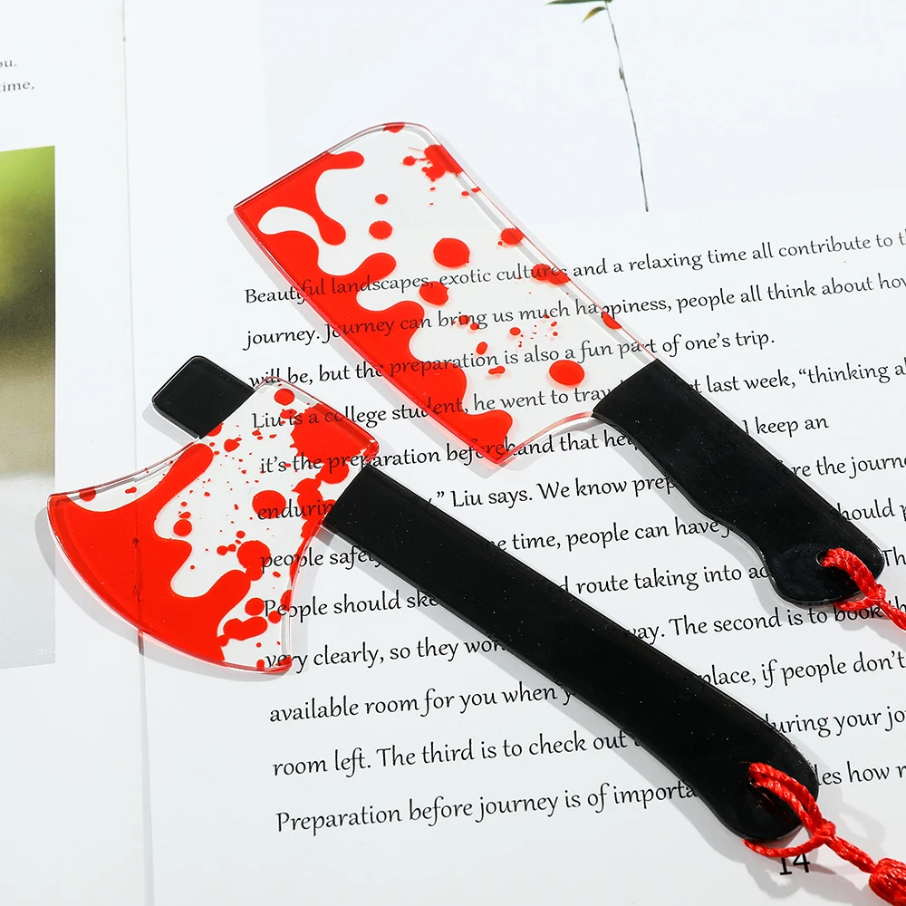 1 segnalibro in acrilico trasparente con coltello horror con nappa, serie a tema Halloween Chopper Saw con sangue, Halloween per tormi