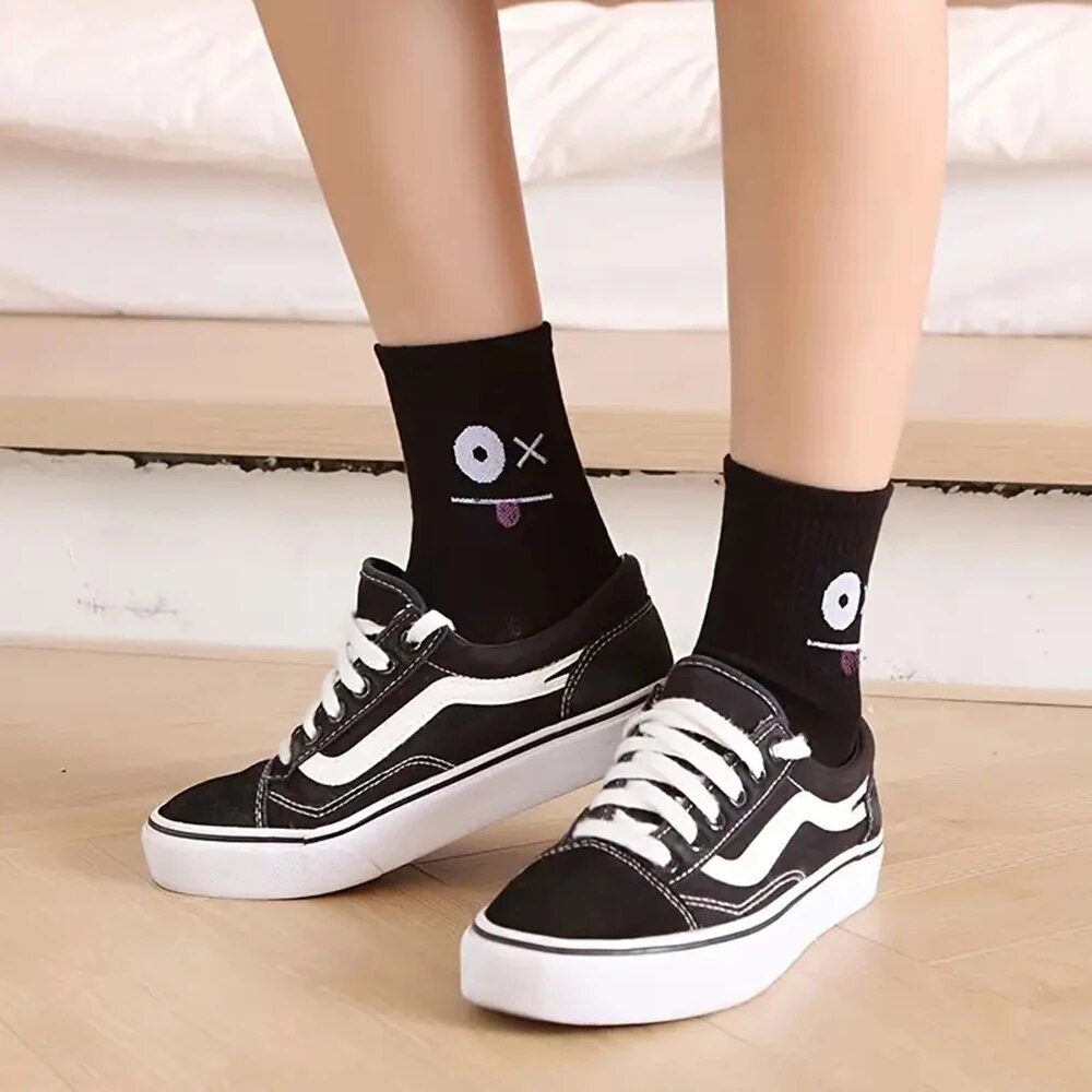 5 Pairs Women's Cute Expression Printed Ankle Socks Comfort Interesting Spring Autumn Medium Tube Sock Kawaii Girls' Short Socks