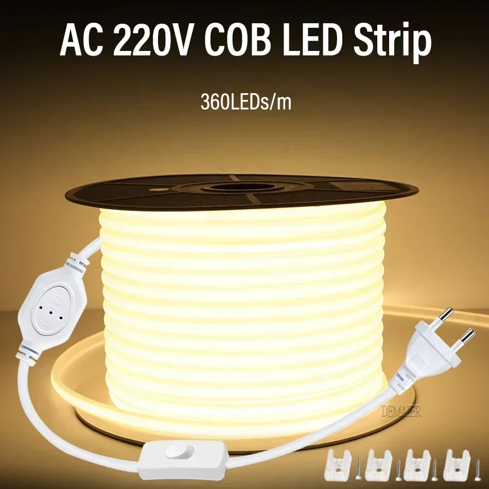 Tira de luces LED COB de 1M-100M, 220V, 110V, superbrillante, 360LEDs/m, resistente al agua con interruptor de fuente de alimentación UE/EE. UU., lámpara Flexible para exteriores