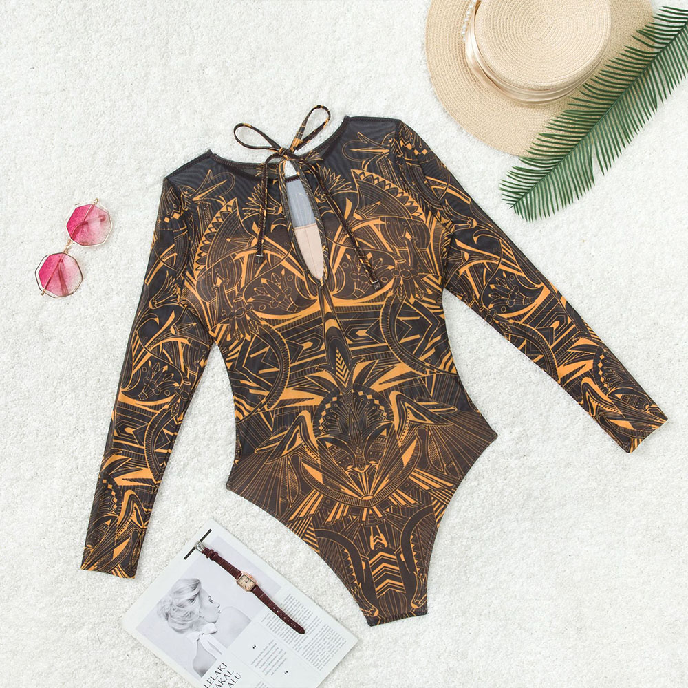 Damen-Badeanzug mit Retro-Print, U-Ausschnitt, gepolstert, langärmelig, einteilig, hoch geschnittene Badeanzüge, Badebekleidung, Body