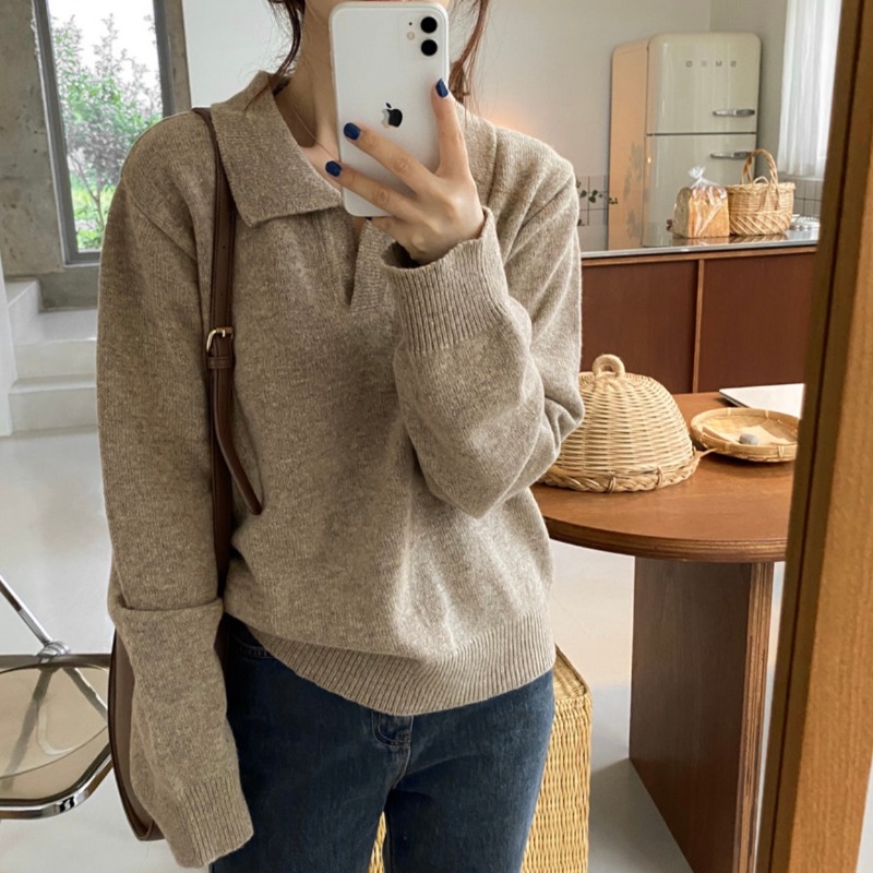 ルーズ女性のニット V ネックセーター春秋カジュアルスタイル長袖ポロシャツオーバーヘッドトップ暖かいサーマルレギュラーフィット
