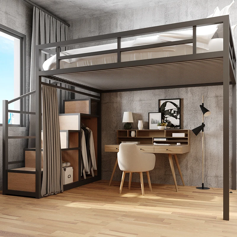 Apartamento loft cama de armazenamento queen loft cama com escadas australiano preto quarto móveis aço loft cama