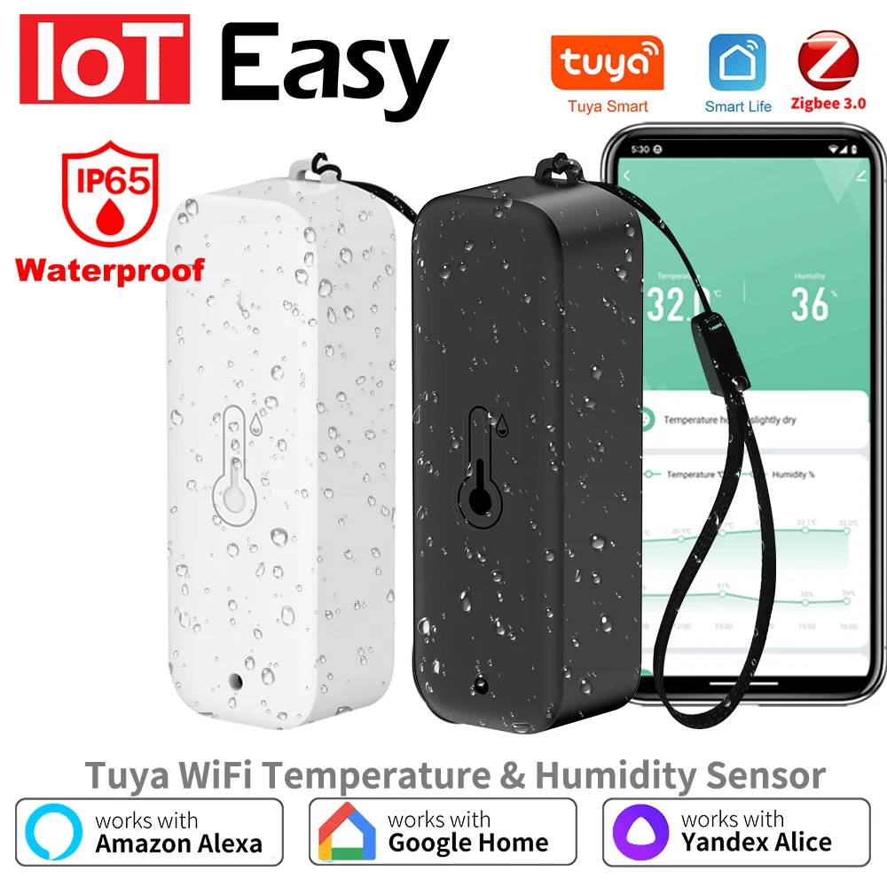 Tuya Zigbee-termómetro con Sensor de temperatura y humedad para exteriores, vida inteligente, funciona con el asistente de Google, resistente al agua IP65 + cuerda colgante
