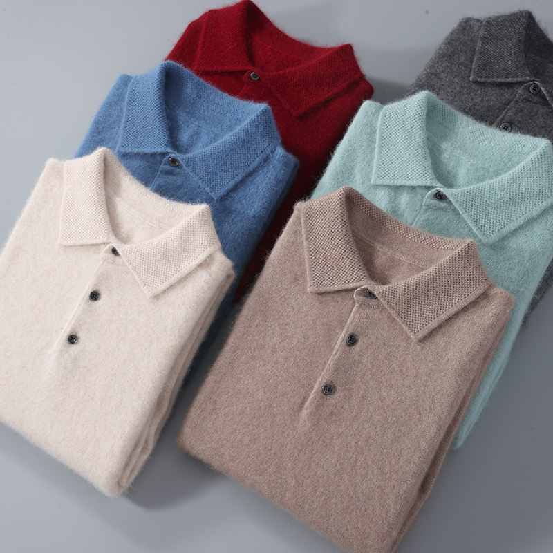 Outono e inverno nova camisa masculina de caxemira de vison gola pulôver suéter de lã polo suéter solto camisa de fundo de malha