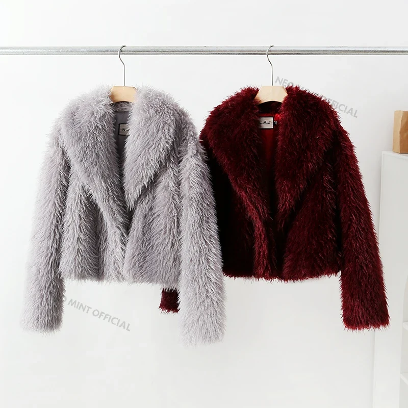 Neo Mint-Manteau en fausse fourrure pour femme, pardessus pour fille, col châle, veste en fourrure d'agneau, blogueur chimiconique, bordeaux, mode, chaud, hiver, 2024