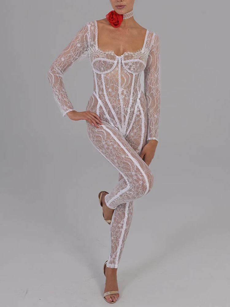 Mozision Spitze durchsichtig Langarm sexy Overall quadratischen Kragen rücken freie dünne Nachtclub Party Overalls elegante Kleidung