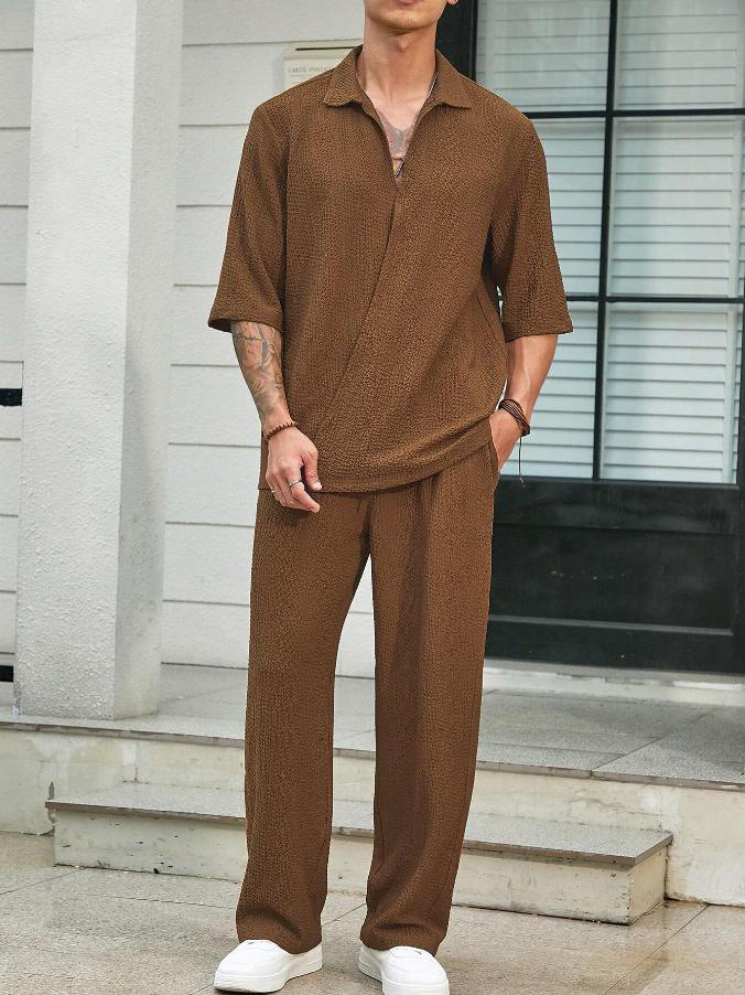 Conjunto masculino de verão, camisa de meia manga e calças compridas, duas peças, gola em v, casual, streetwear, férias, terno solto, vendas quentes