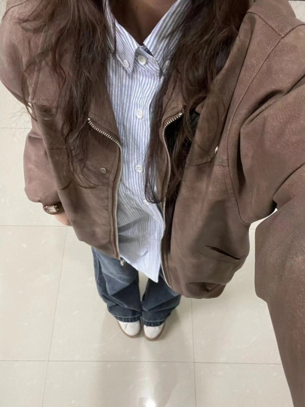 Jaqueta de Couro PU Fena Cé Marrom, Nova Coleção Outono 2025, Tamanho Pequ, Estilo Motoqueiro de Alta Qualidade e Mo...