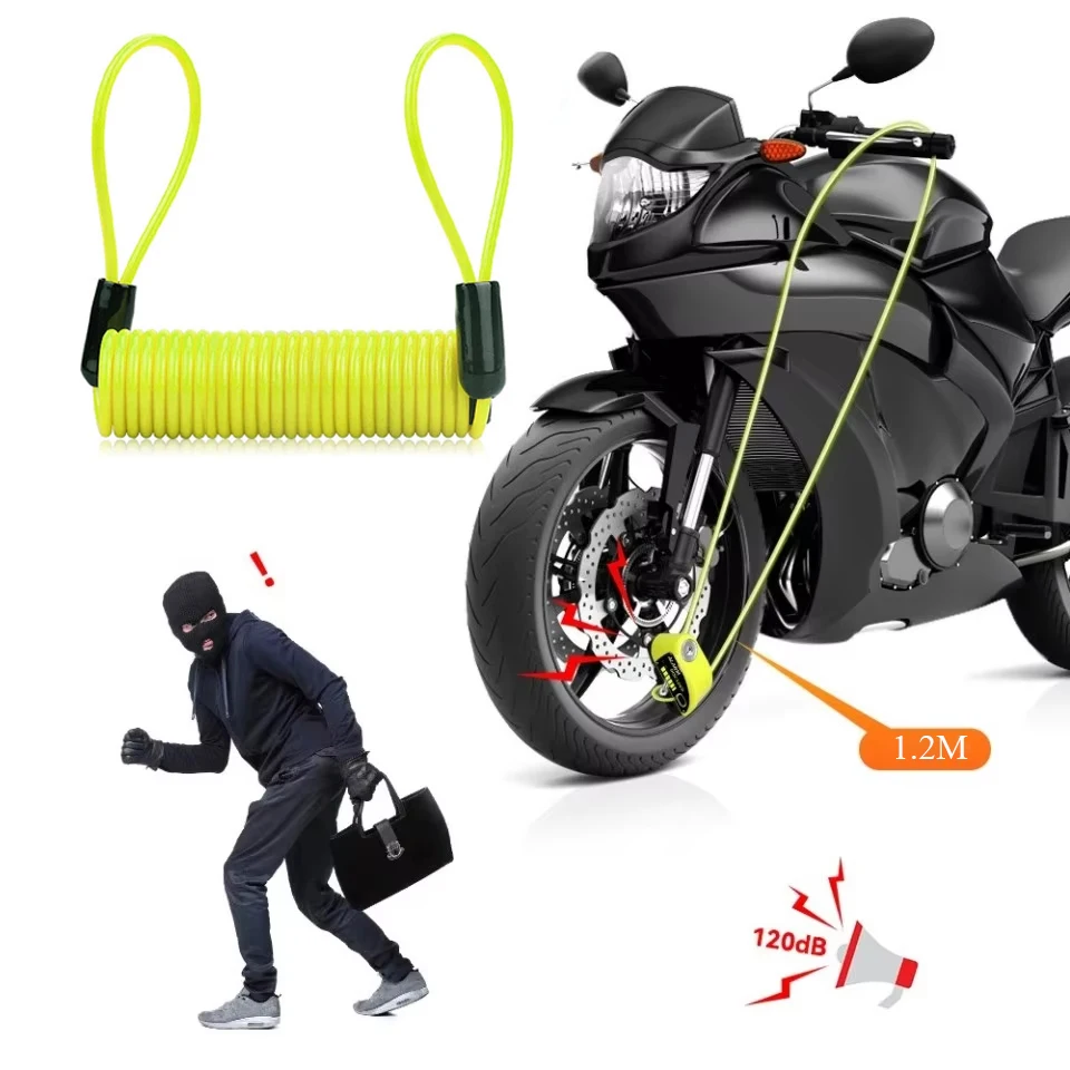 1.2M สีเหลืองล็อคแผ่นดิสก์เตือนสายล็อค Anti-Theft ROPE ALARM Disc LOCK ฤดูใบไม้ผลิสายเตือนความปลอดภัยสําหรับรถจักรยานยนต์