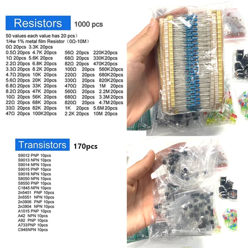 1818pcs capacitores comuns resistores capacitores T0-92 LED transistores placa PCB DIP-IC RM065 diodos kit de componentes eletrônicos