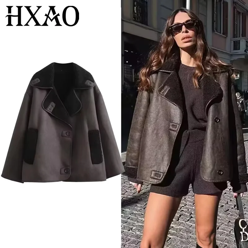 Hxao jaqueta de couro sintético de lã feminina, casacos vintage de lã sintética fria e misturas para mulheres outono inverno jaqueta de pelúcia