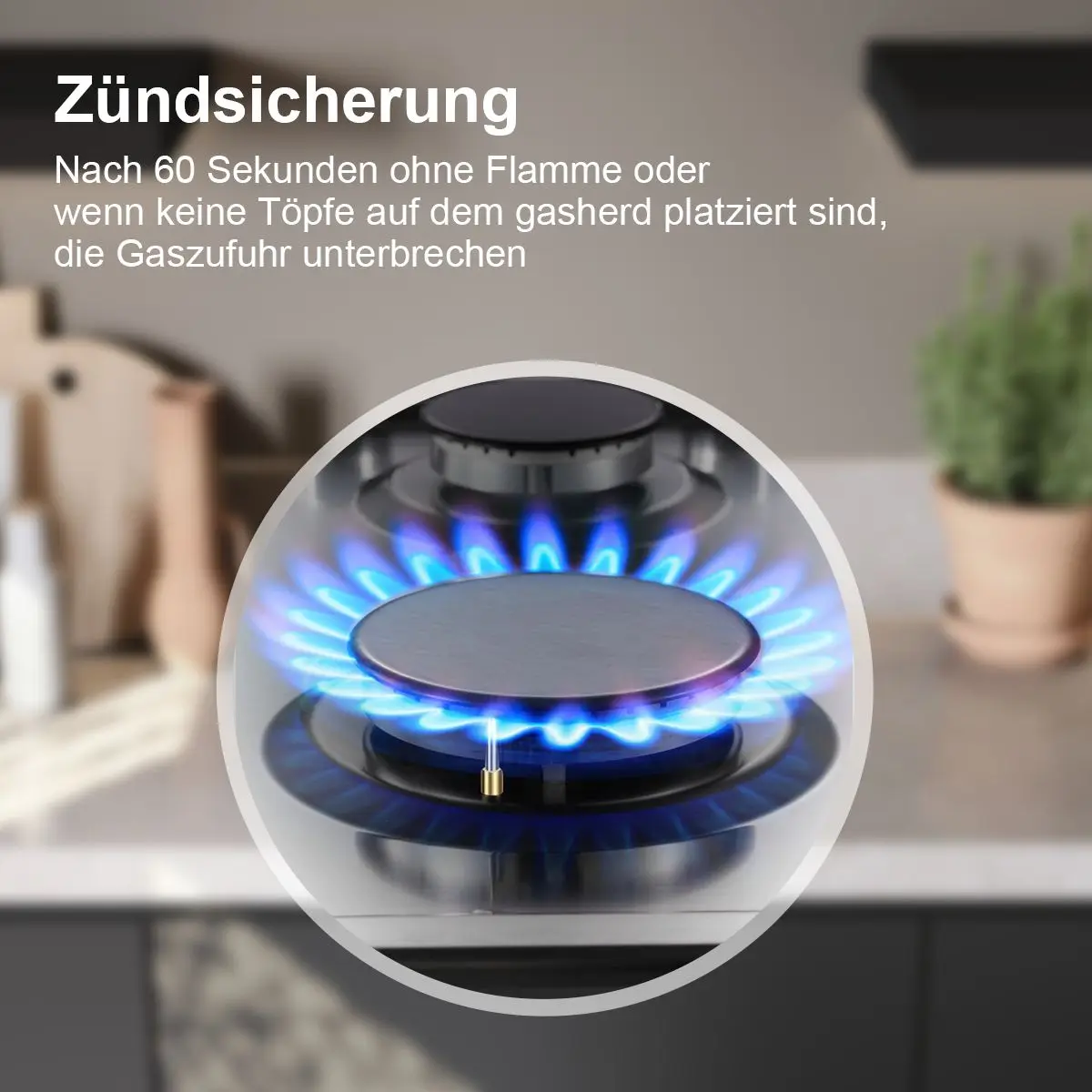 Edelstahl-Gaskochfeld, 4 Brenner mit automatischem Flammschutz, 8060 W, Doppelkraftstoff (Erdgas/Propan), eingebaut oder freistehend