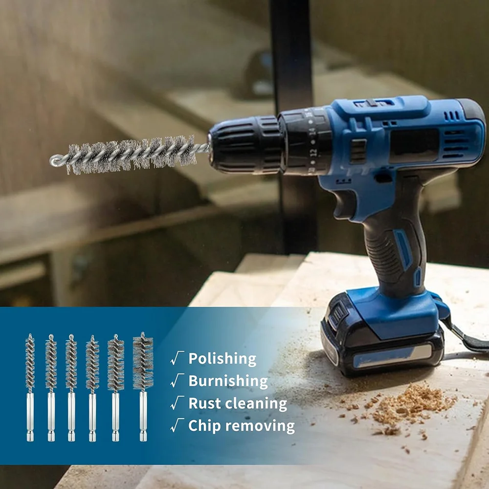 6 Pcs Stainless Steel Pipe Cleaning Brush Set 1/4" Hexagonal Bar Twisted Wire Hole Brush Cleaning Brush Bristle Wire Brush Hole