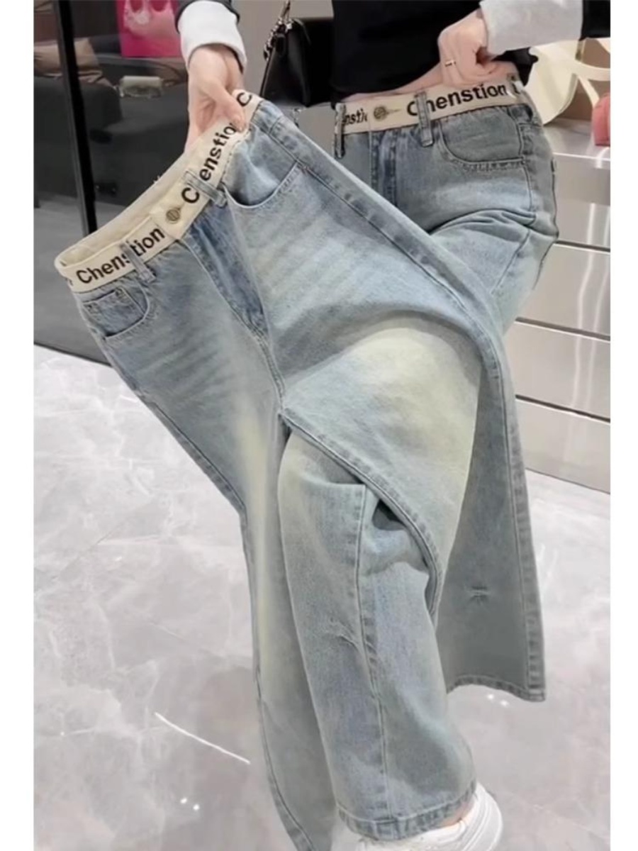 Slim Straight Jeans Women's New 2025 Summer Slimming Floor-Length Pants plus Size Versatile Embroidered Meat Concealing Wide ...