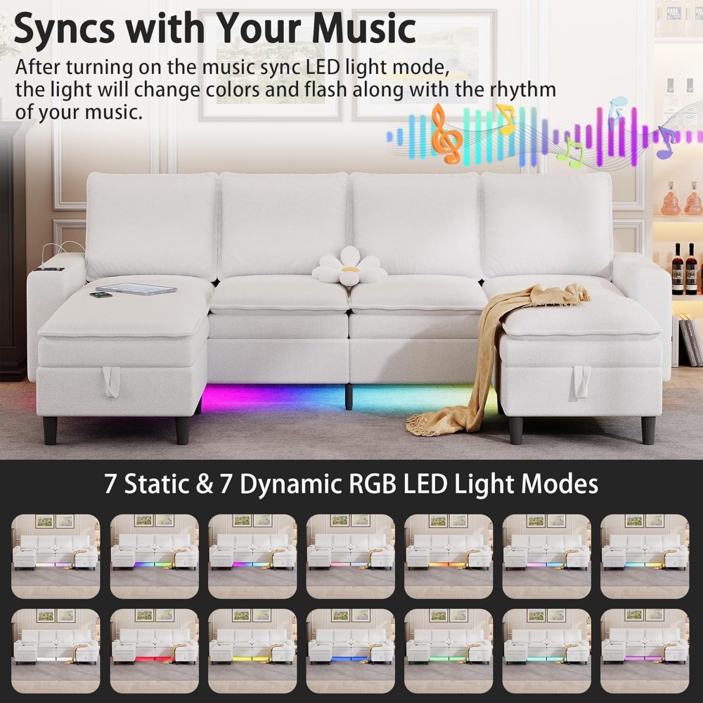 Sectional Couches for Living Room, 4 Seat Sectional Sofa with Double Cushions/Storage Ottoman, Teddy Fleece U Shaped Couch with