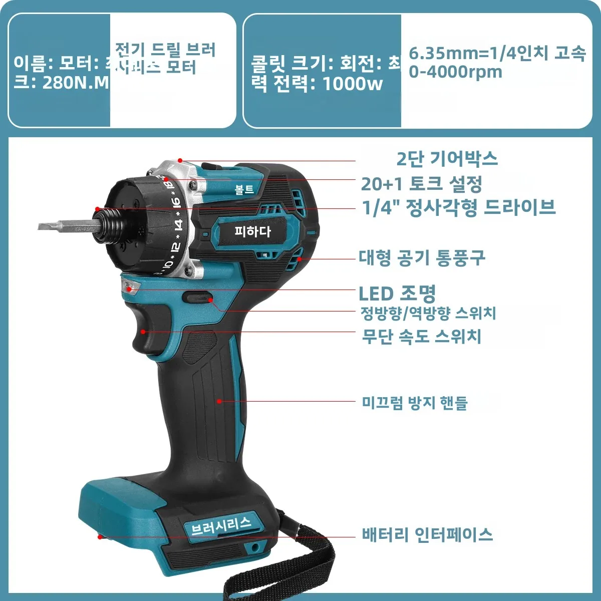 AvidPulse 20+1 토크 1/4인치 브러시리스 전동 스크루드라이버 무선 280N.m 전기 드릴 파워툴 (마키타 18v 배터리용)