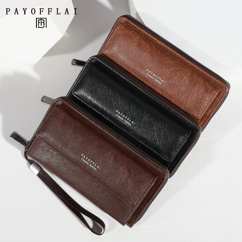 Men's PU Zipper Handbag Large Capacity Long Wallet Clutch Bag Phone Bag Multi Card Card Holder Coin Purse Wallet Double Layer