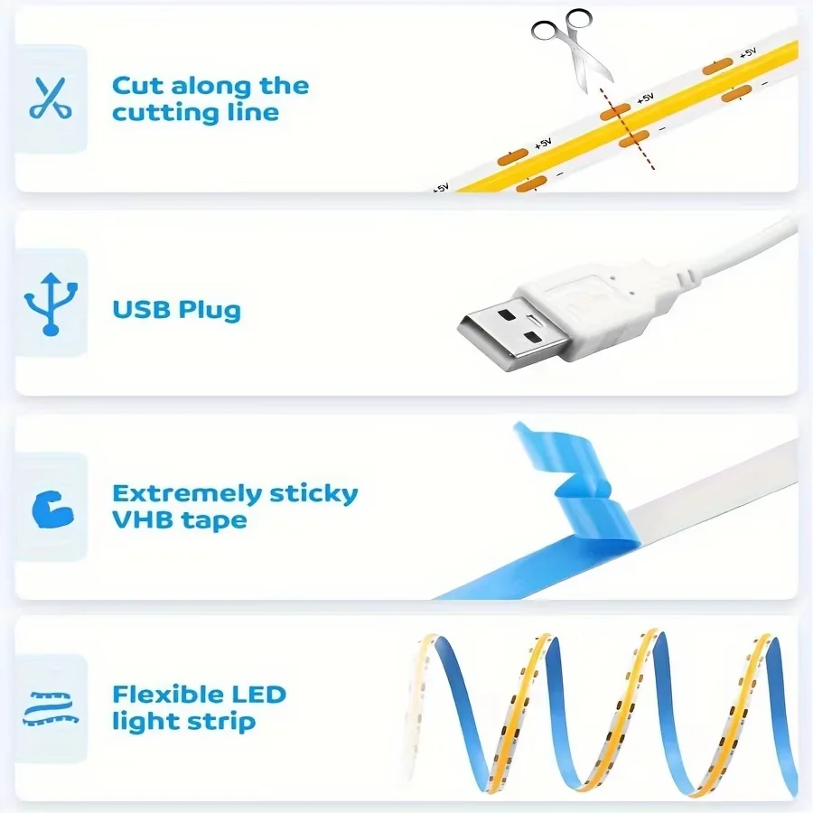 1 m-5 m USB COB LED Strip Licht 5 V 320 LEDs/m DIY TV Spiegel Backlight Flexibele Lint Tape Touch Sensor Dimbare Keuken Kamer Lamp