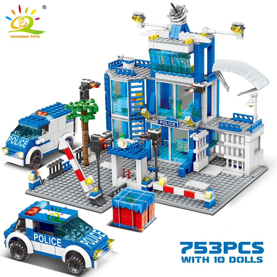 HUIQIBAO 753PCS City Police Station Building Blocks ชุดเด็ก DIY รถ Figures อิฐของเล่นเพื่อการศึกษาเด็กผู้ใหญ่ของขวัญ
