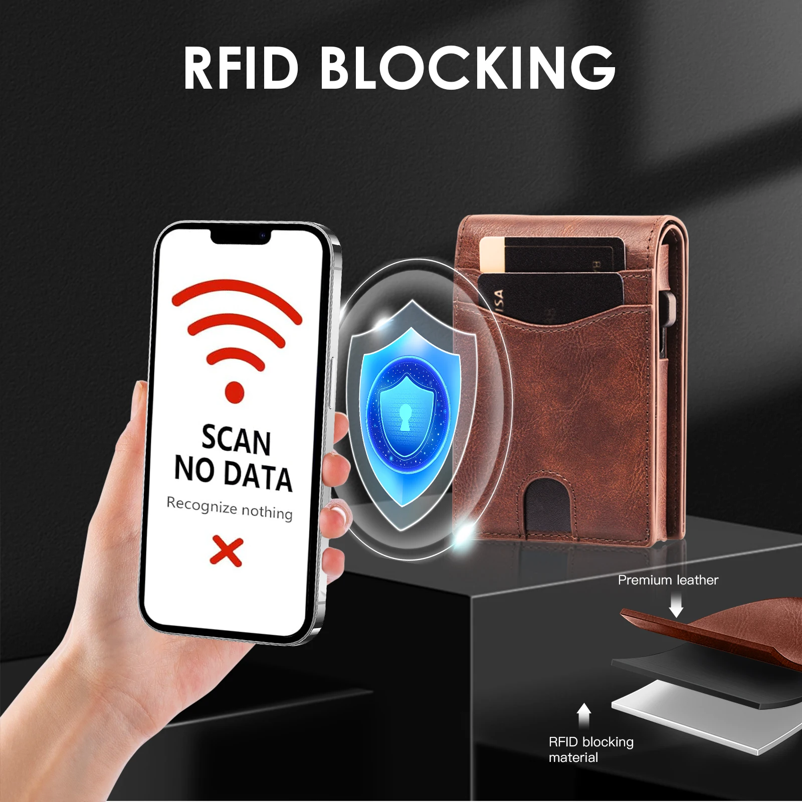 Cartera de cuero genuino con bloqueo Rfid, monedero corto plegable para hombre con tarjetero emergente de aluminio Magsafe magnético, funda de identificación
