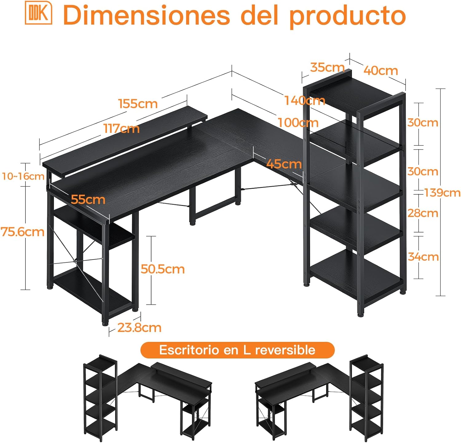 Réductions à durée limitée--ODK Bureau avec Étagère, Bureau en L avec Support de Moniteur Long, Noir 155×140cm