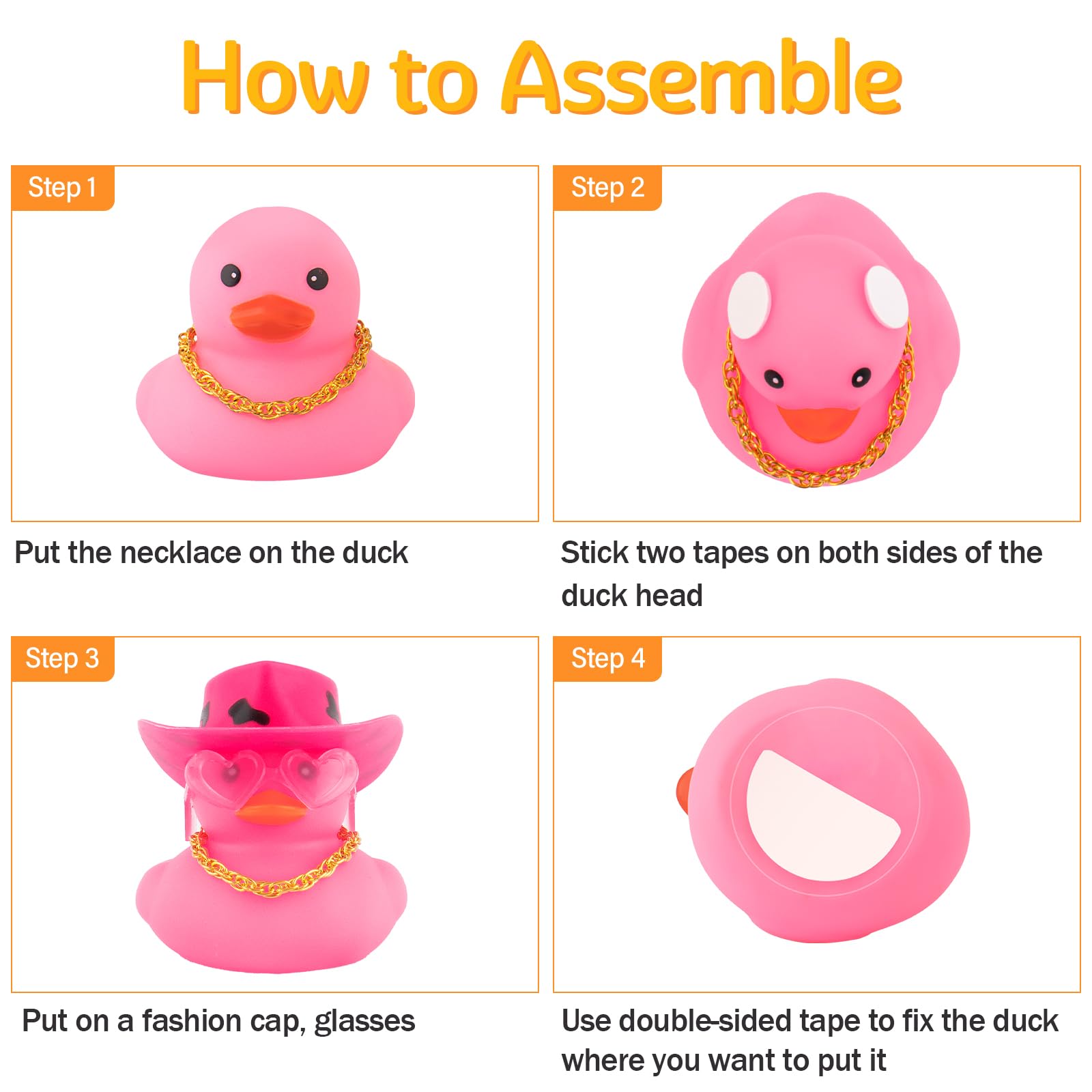 Car Cowboy Rubber Ducks, Dashboard Decorations Pink Duck for Car Ornament Accessories with Hat Heart Glasses Chain, Pink