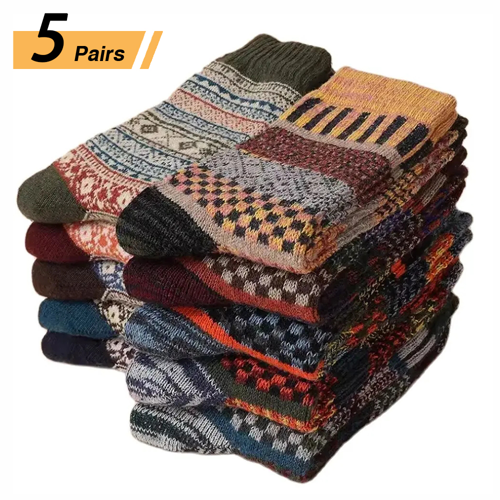 5 pares de calcetines de invierno para hombre, calcetines gruesos, calcetines cálidos de estilo Retro para hombre, calcetines coloridos de moda para botas de nieve