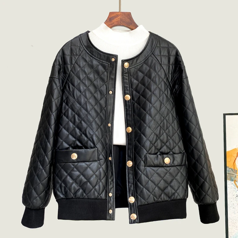 M-3XL Herbst Winter Echt lederjacke für Frauen 2024 neue Mode Gitter Muster weibliche Baumwolle lose O-Ausschnitt Schaffell Jacken Mäntel