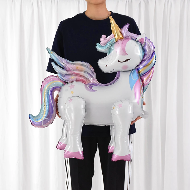 Rainbow Unicorn ยืนฟอยล์บอลลูนเด็กผู้หญิงยูนิคอร์นวันเกิดตกแต่งโปรดปรานอุปกรณ์อาบน้ําเด็กบอลลูนสัตว์