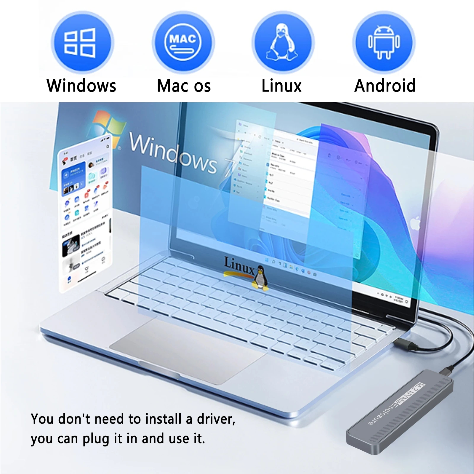NVMe M.2 SSD Enclosure NVMe NGFF 20Gbps PCIe M.2 SSD Case Portable USB C 3.2Gen2 External Adapter for Macbook PC Hard Disk Box