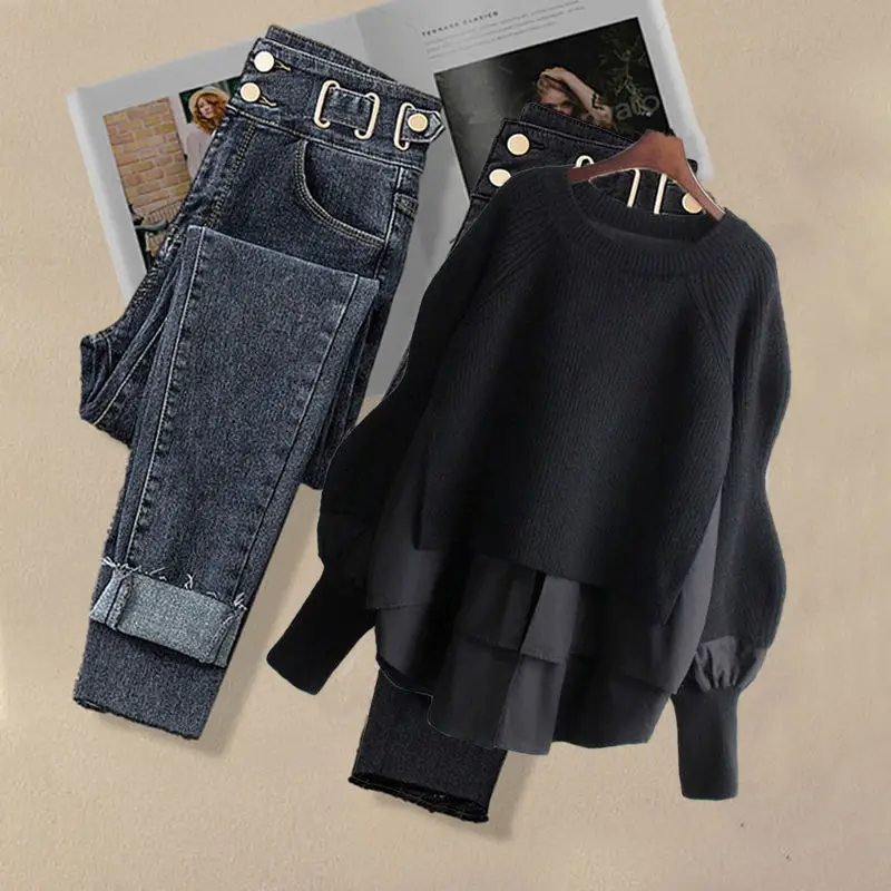 Traje grande de primavera y otoño para mujer, nueva moda coreana, camisa falsa de dos piezas, Top, pantalones vaqueros informales ajustados, conjunto de dos piezas 2024